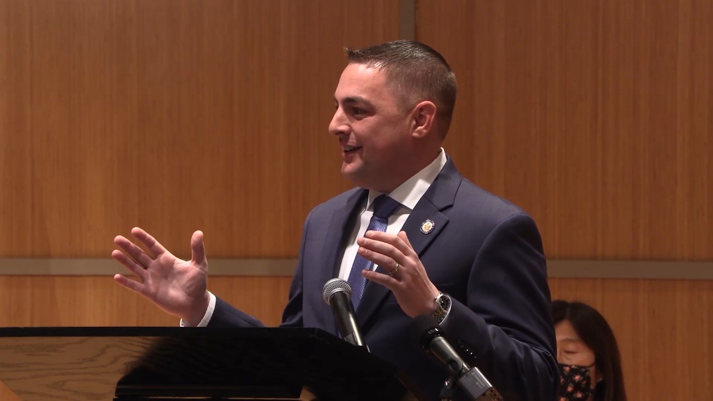 Senator Mike Martucci offers a message at his January 17 swearing-in ceremony.